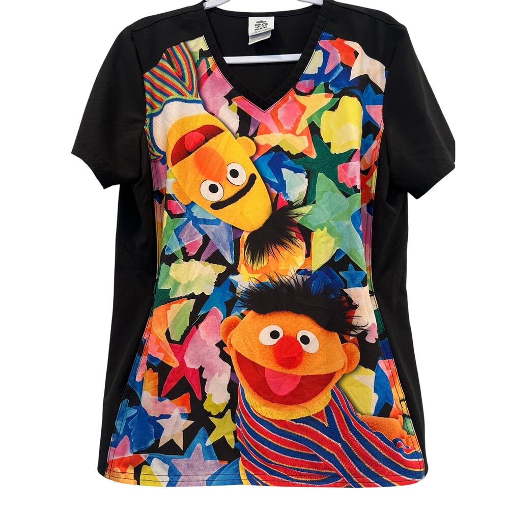 Tooniforms Sesame Street Ernie Bert Scrub Top Women's Medium V-Neck Pockets EUC